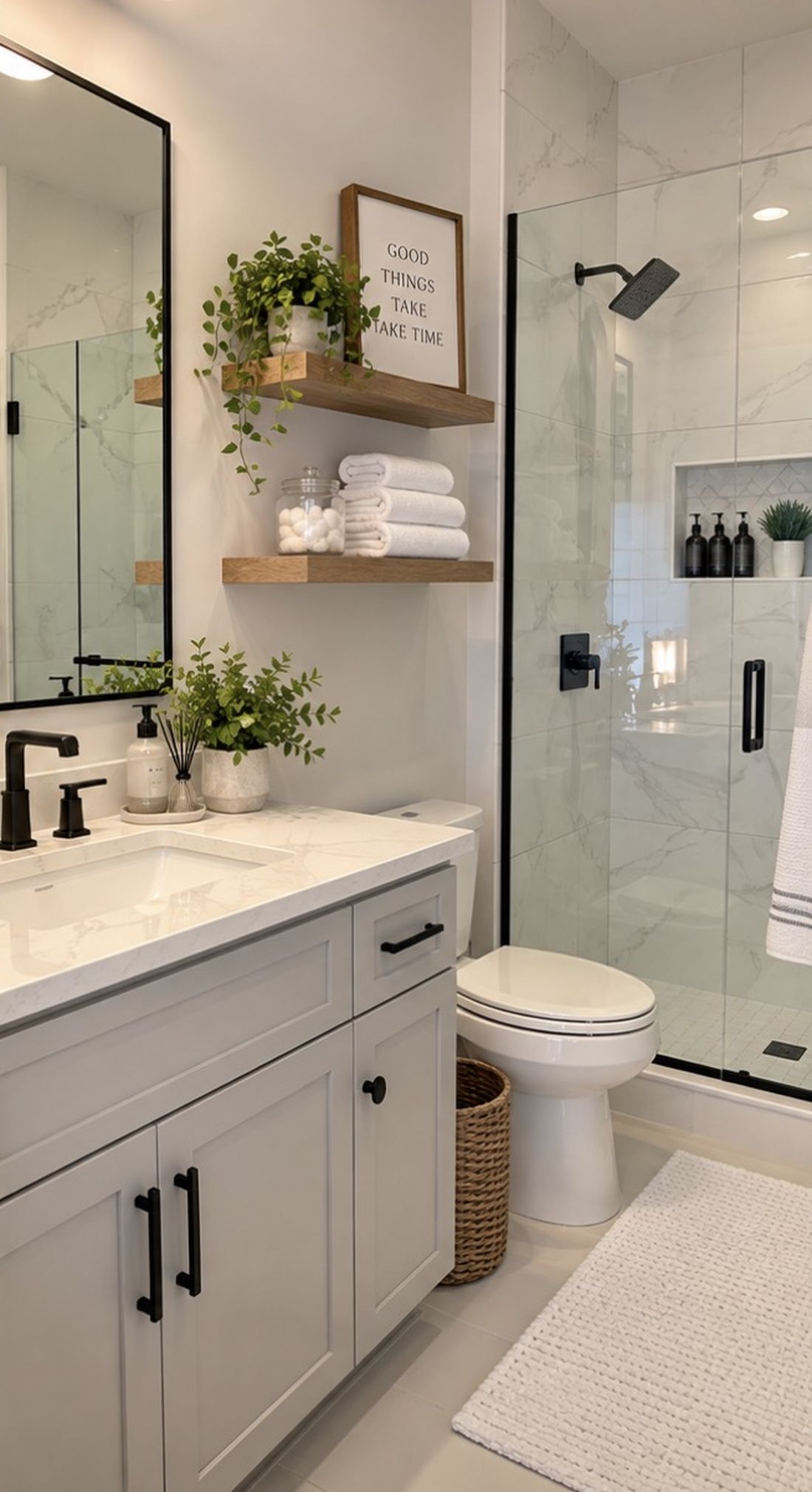 Clean bathroom with neatly folded towels and a tidy vanity