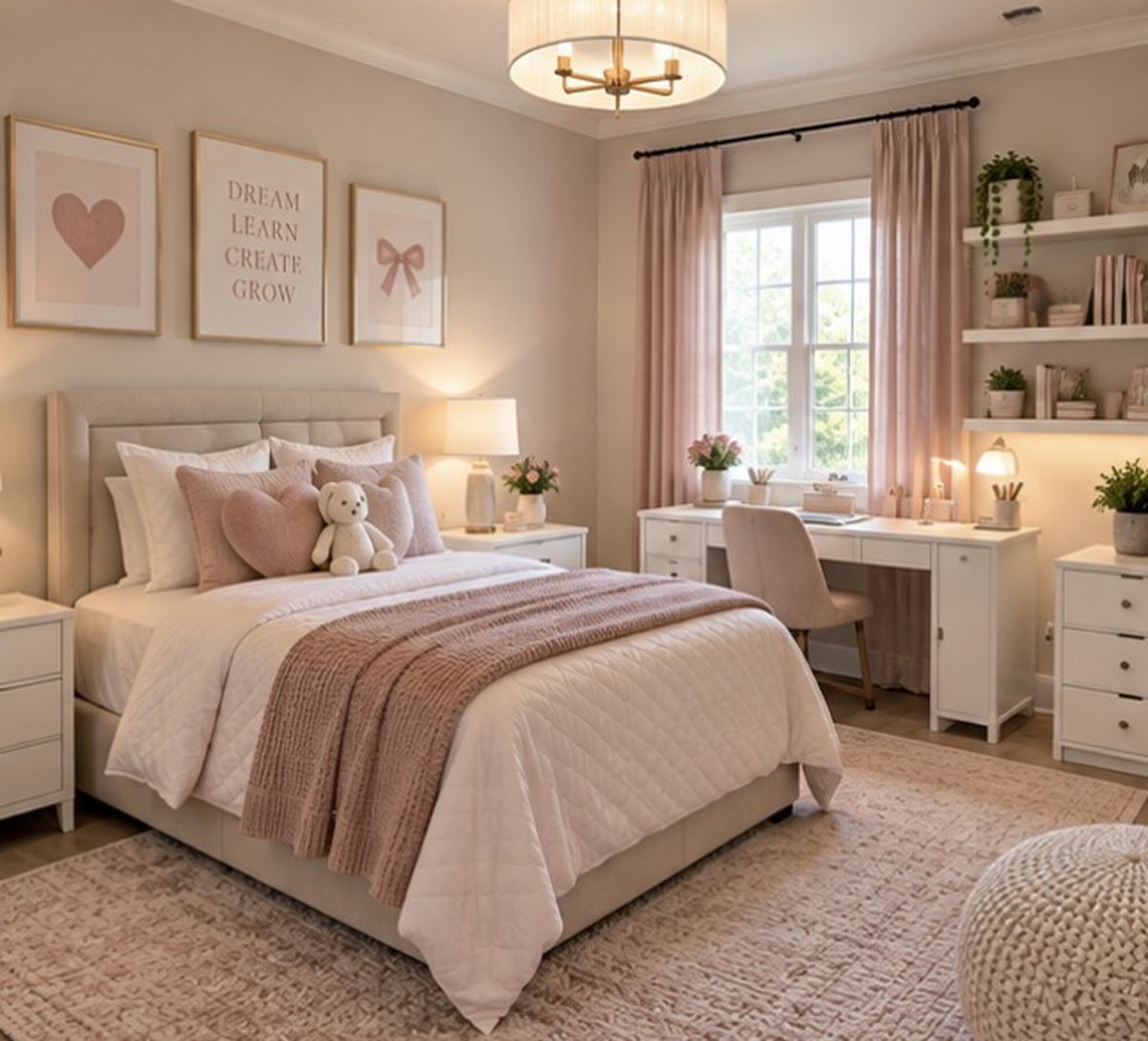 Tidy, cozy pink kids' bedroom with neatly made bed