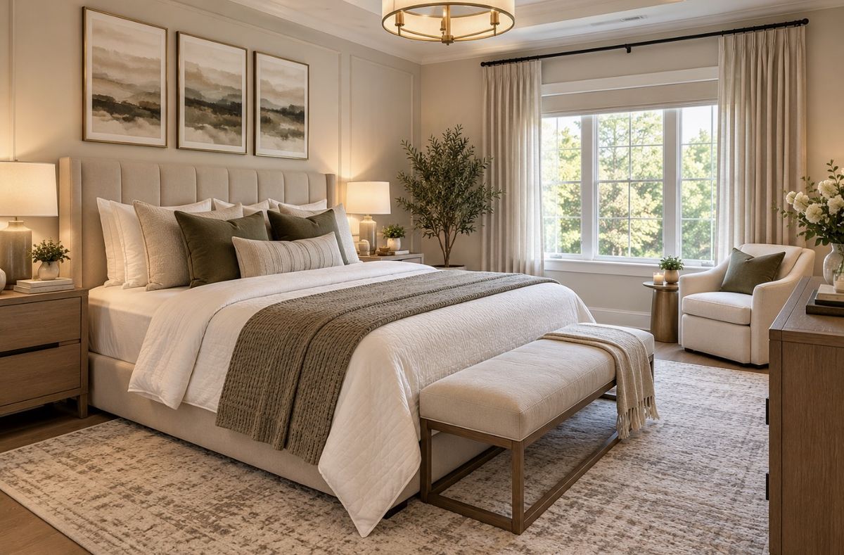 Serene, tidy primary bedroom with crisp linens