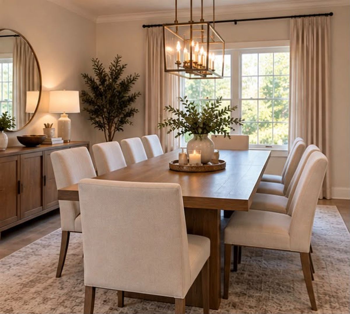 Neatly set dining room with a polished table