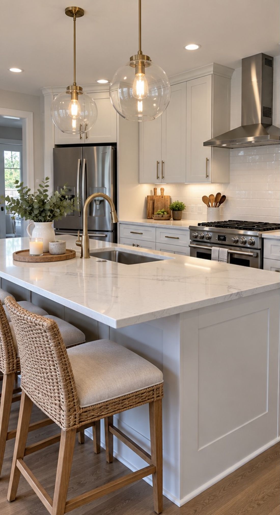 Spotless white kitchen island with organized countertops