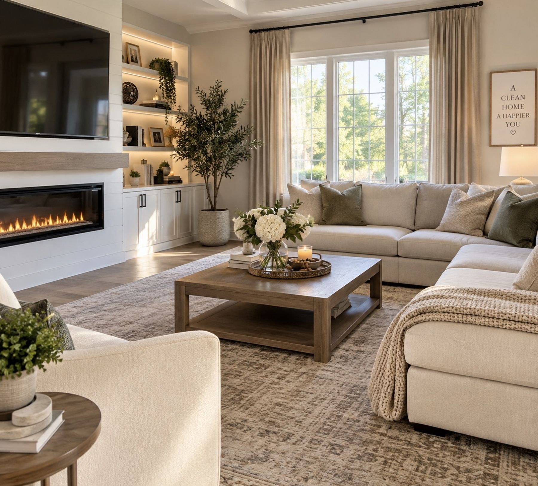 Bright, tidy living room with a lit fireplace and neatly styled shelving